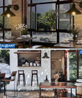 2 Pack Matte Black Outdoor Wall Lights Modern Farmhouse Wall Sconces displayed in cafe and restaurant settings.
