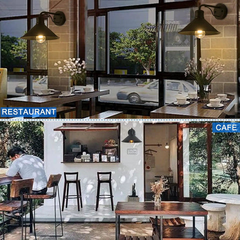 2 Pack Matte Black Outdoor Wall Lights Modern Farmhouse Wall Sconces displayed in cafe and restaurant settings.