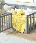 Full Size Floor Bed With High Safety Guardrail And Door For Toddler Transition, Rubber Wood Frame With 6 Support Slats, Grey Finish