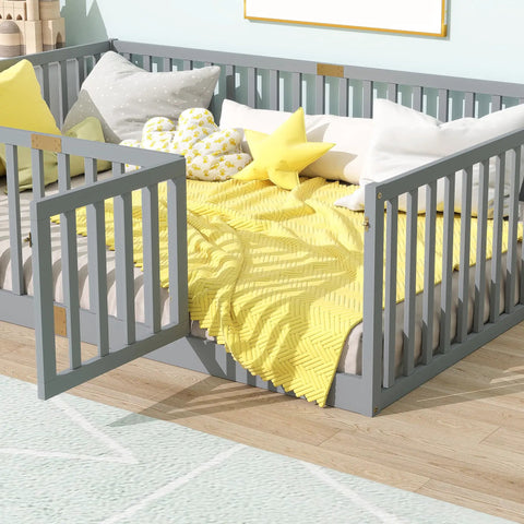 Full Size Floor Bed With High Safety Guardrail And Door For Toddler Transition, Rubber Wood Frame With 6 Support Slats, Grey Finish