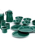 Four Person Camp Dinnerware Set With Enamel Percolator Frypan Kettle Cups Plates Bowls And Mugs Rugged Outdoor Kitchen Gear