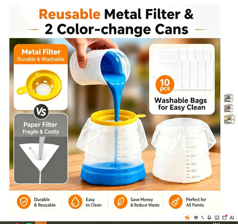 Reusable Metal Filter & 2 Color-change Cans, 10 washable bags, for use in efficient painting projects.