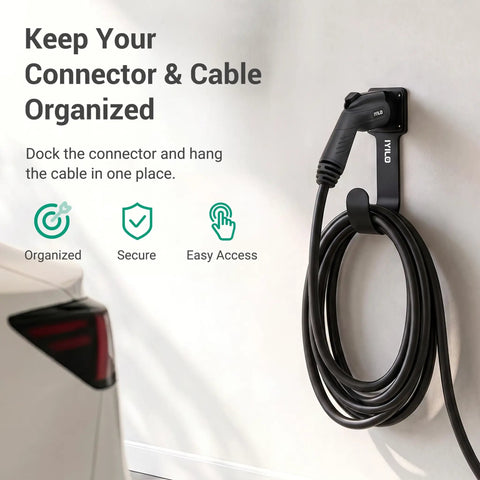 Heavy Duty EV Charger Wall Mount Bracket Compatible With SAE J1772 Connectors, displaying a secure wall-mounted cable holder.