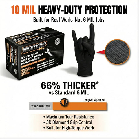 Heavy Duty 10 Mil Black Nitrile Work Gloves With Raised Diamond Grip, 1000 Count Bulk Kit displayed with packaging and glove grip.