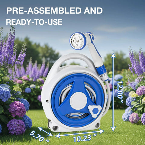 Retractable Garden Hose Reel With 10 Patterns Spray Nozzle, 50Ft Auto Wind Up Hose Holder in garden setting