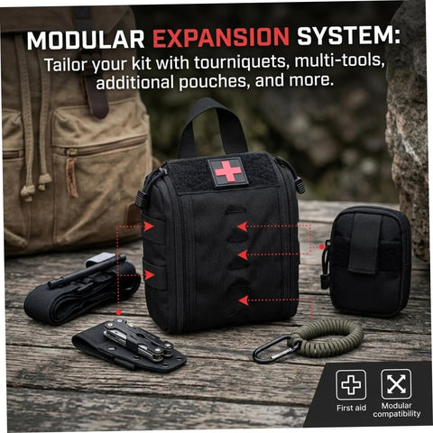 Compact Empty First Aid Pouch For Outdoor Adventures With MOLLE Webbing Black Emergency Gear Organizer outdoors on table.