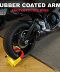 Beefy Trailer Wheel Lock Fits 6 To 10.5 Inch Tires And Heavy Gauge Powder Coated Steel Wheel Boot Lock installed on motorcycle tire