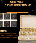 Roundover Router Bit Set With 1 Quarter Inch Shank 15 Piece Carbide Bits For Woodworking DIY Projects in wooden case