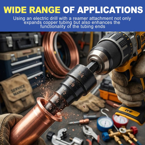 Close-up of Five In One HVAC Swage Tool Set for copper tubing expanding with drill, size markings visible, sparks flying