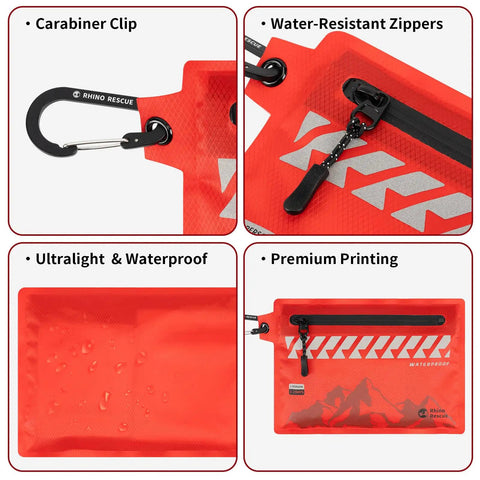 Ultralight Waterproof First Aid Kit For Hiking And Outdoor Adventures A Compact 114 Piece Medical Kit with red fabric, zipper, and clip.