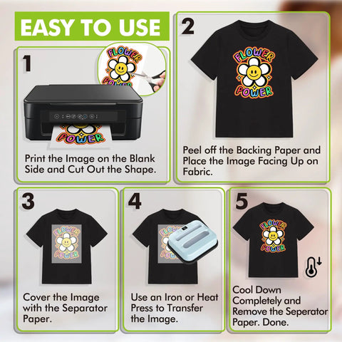 Printable Heat Transfer Vinyl For Dark Fabric T Shirts 8.5 By 11 Inch Sheets Set Of 20 Iron On Transfer Paper Easy To Use Steps