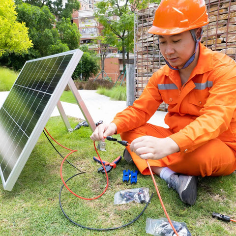 Technician using Solar Panel Connector Kit With 60 Pieces Male And Female Connectors, 30 Pairs, Crimping Tool outdoors