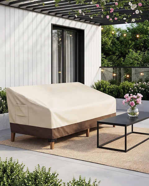 Heavy Duty Outdoor Sofa Cover For 3 Seater, Waterproof Patio Furniture Cover With Air Vent And Handle, Beige And Brown on patio