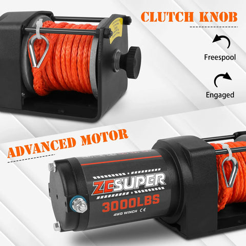 3000 Lb Electric Winch For ATV UTV Boat Trailer With Synthetic Rope and clutch knob detail