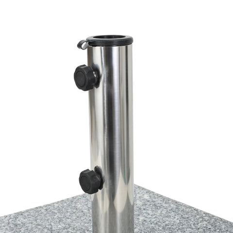 Close-up of the Mojave Outdoor Granite And Stainless Steel Umbrella Base with grey finish and secure stainless holder.