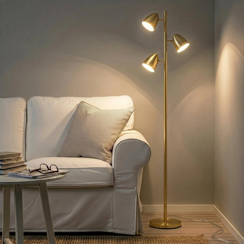Tall LED Floor Lamp With Adjustable 3 Light Tree In Antique Brass Gold Finish for living rooms beside sofa with warm lighting