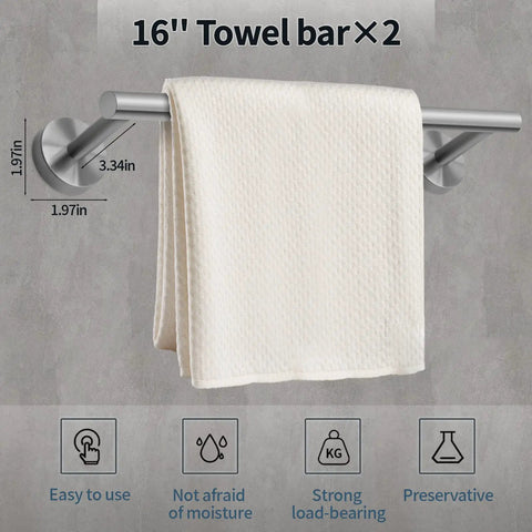 16-inch towel bar from Dope Brushed Nickel 12 Piece Bathroom Hardware Set including dimensions and features