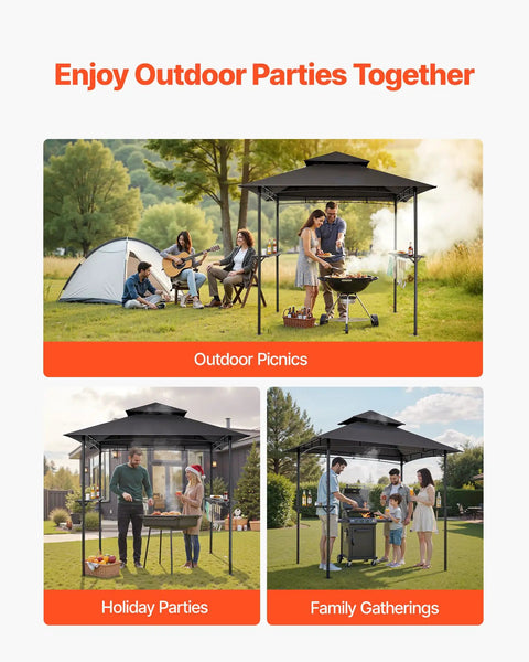 Grill Gazebo 8x5 Ft Outdoor BBQ Shelter With Double Tier Roof And Powder Coated Steel Frame Includes 2 Side Shelves And 8 Hooks