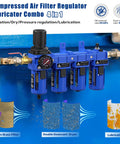Three Eighth Inch NPT Compressed Air Filter Regulator Lubricator Combo With Dryer and Oil Water Separator, mounted view.