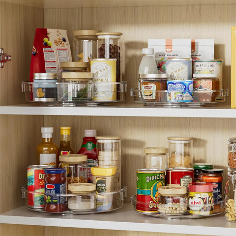 Cabinet shelves with clear 4 Pack Lazy Susan Organizer Set With Two 12 Inch High Edge Turntables storing jars and spices, 360 rotating