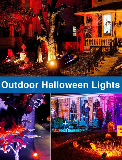 Halloween display with All In One RGBW Low Voltage Landscape Lighting Kit With Transformer and Timer illuminating garden and trees
