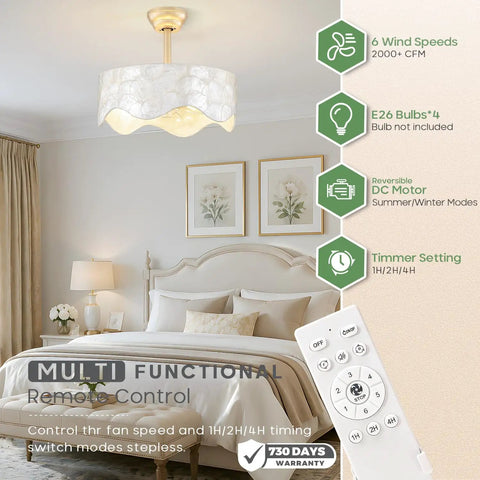 akiuzna Boho Shell Caged Ceiling Fan with Light and Remote, Fandelier in a stylish bedroom setting with remote control
