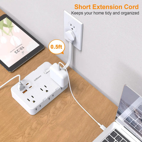 Game Changing Desktop Surge Protector Power Strip With Six AC Outlets And Four USB Charging Ports Low Profile Extension Cord with 0.5ft length