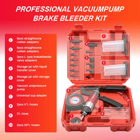 All In One Handy Vacuum Pump Brake Bleeder Kit For Auto Maintenance including red case, adapters, hoses, gauge, reservoirs, 23 pieces
