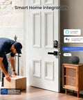 Built In WiFi Fingerprint Smart Lock With Lever Handle Set No Hub Needed App Remote Control Keyless Front Door Entry Deadbolt With Digital Backlit Keypad Voice Assistant Auto Lock Matte Black on white door