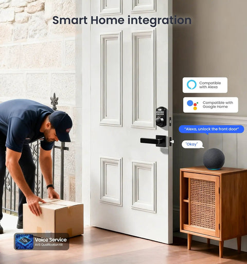 Built In WiFi Fingerprint Smart Lock With Lever Handle Set No Hub Needed App Remote Control Keyless Front Door Entry Deadbolt With Digital Backlit Keypad Voice Assistant Auto Lock Matte Black on white door