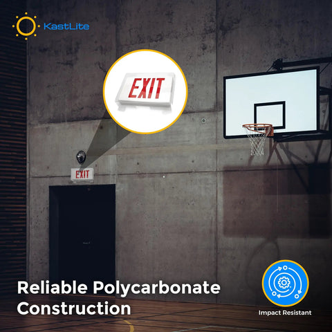 Clear Polycarbonate Emergency Exit Sign Cage Guard protecting lighted sign in gym, mounted on wall, impact resistant.