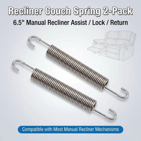 Top Notch Heavy Duty Stainless Steel Replacement Recliner Tension Springs Fix Your Saggy Sofa Mechanism With Buttery Smooth Tilt Lock And Return Action Rock Solid Couch Upgrade For Home Theater Setup Two Pack Six Point Five Inch, showing dual 6.5-inch stainless steel tension springs.