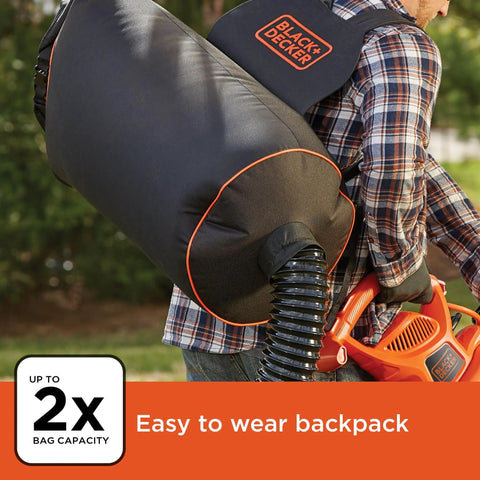 Person wearing 3 In 1 Backpack Leaf Blower Vacuum Mulcher With PowerBoost 250 MPH Airflow And 400 CFM Corded Electric Reusable Bag