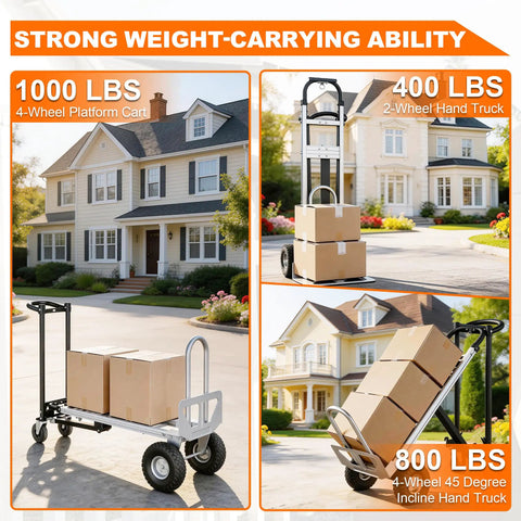 Heavy Duty 4 In 1 Convertible Hand Truck Dolly Cart With 1000 Lbs Capacity Folding Frame, four-wheeled platform cart in use.