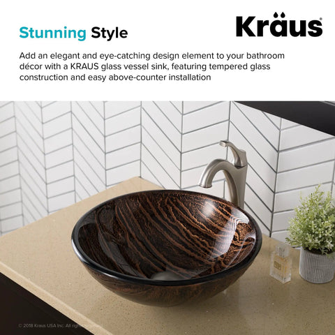 Round Brown Glass Vessel Bathroom Sink 17 Inch with Above Counter Design on countertop, Kraus faucet in background.