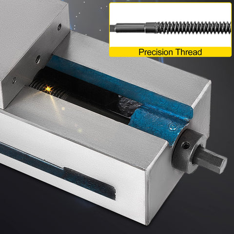 Close-up of 4 Inch Milling Vise For Bench Setup with precision thread, heavy duty clamp, made from nodular cast iron, 100mm jaw.