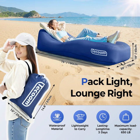 Inflatable Lounger Couch Air Sofa Hammock No Pump Needed 20 Second Inflation Waterproof Beach Chair shown on sandy beach