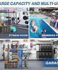 Heavy Duty Garage Sports Organizer in fitness room, poolside, and garage settings for all-in-one sports gear storage.
