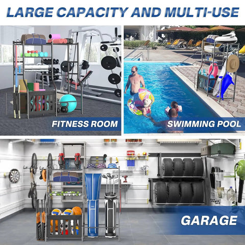 Heavy Duty Garage Sports Organizer in fitness room, poolside, and garage settings for all-in-one sports gear storage.
