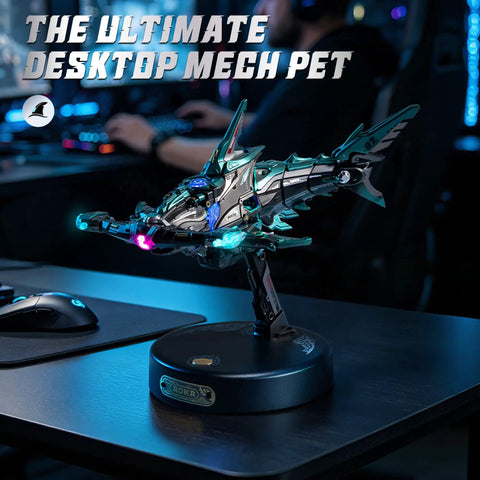 Hammerhead Shark 3D Puzzle Kit For Adults And Teens, Sick Mechanical Model with RGB LEDs on a desk with computer setup.