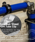 Close-up of a blue air piping with stainless steel EPDM tube clip for Heavy Duty Three Quarter Inch ID One Hundred Foot Air Piping Kit