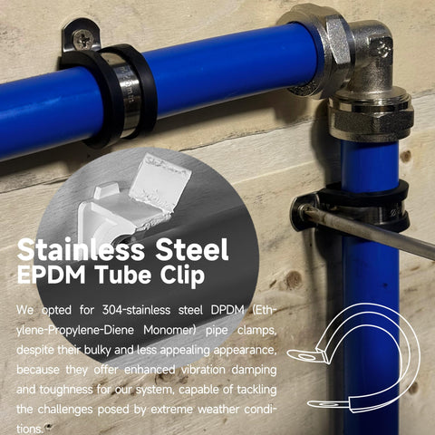 Close-up of a blue air piping with stainless steel EPDM tube clip for Heavy Duty Three Quarter Inch ID One Hundred Foot Air Piping Kit