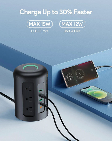 12 Outlets Power Strip Tower With 20W USB C PD Fast Charging, 2 USB C Ports And 3 USB A Ports on desk charging devices