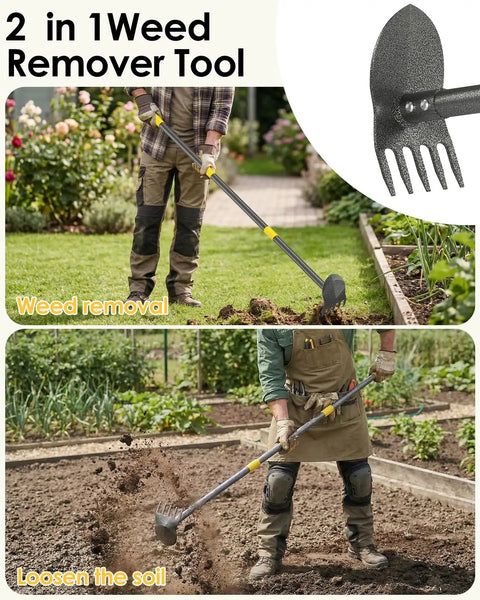 Heavy Duty Long Handle Garden Hoe And Weeder Tool For Weeding And Loosening Soil in use for weed removal and soil loosening