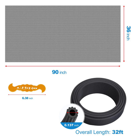 Window Screen Replacement Kit For 36 By 90 Windows And Doors, Durable Polyester Mesh With Retainer Spline, 32 Ft Roll, D I Y Screen Repair, Easy Install For Home Windows And Doors, Black