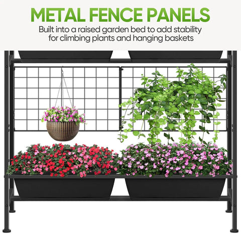 Raised Garden Bed With Legs, 32 Inch Elevated Planter Box For Veggies And Herbs, Includes Drainage Holes, Trellis, And Four Plastic Planting Stations, Great For Balcony Or Patio, Outdoor Black with metal grid trellis and plants.