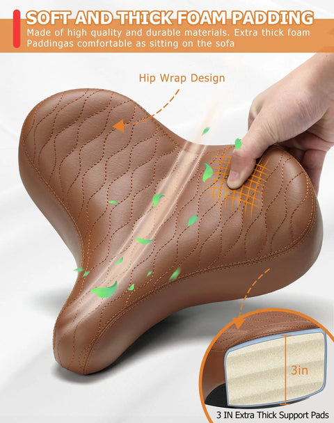 Wide Comfort Bike Saddle For Men And Women With Extra Large Winged Padding, 3 in high-resilience foam, brown PU leather