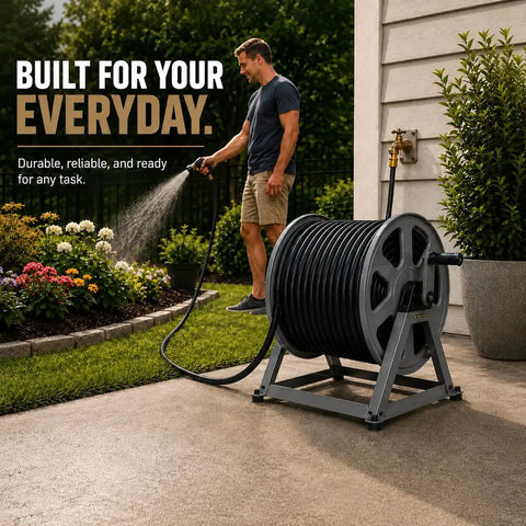 Man watering garden with Beefy Heavy-Duty Garden Hose Reel With 200 Ft Capacity, Dual Floor Or Wall Mount, Graphite Finish