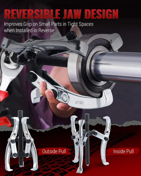 Reversible jaw design of the Beefy Gear Puller Set 3 Inch 4 Inch 6 Inch 8 Inch With 2 Jaw And 3 Jaw Reversible Jaws Heavy Duty CrV Steel Bearing Puller Kit shown.