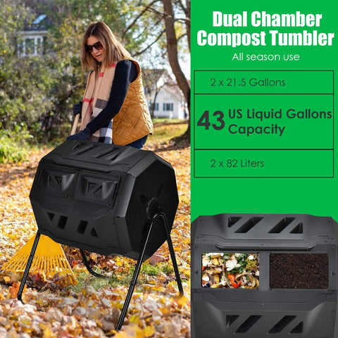 43 Gallon Composting Tumbler With Dual Chamber Design And Two Sliding Doors for continuous backyard composting setup shown in garden